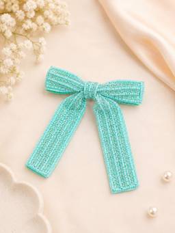 Choko - Beaded Long Bow Hair Clip For Girls Aqua Blue Barrette For Elegant Statement