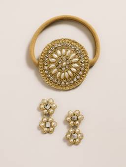 Choko - Gold Pearl Medallion Hairband With Matching Hair Clips Set (Pack of 3)