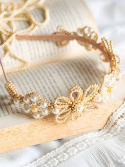 Choko - Elegant Gold And Ivory Beaded Flower Hairband For Women - Festive Hair