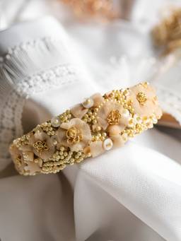 Choko - Elegant Beige And Gold Beaded Floral Hairband For Women - Festive Hair