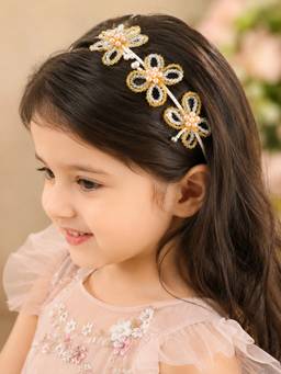 Choko - Elegant Gold And Peach Beaded Flower Hairband For Women - Festive Hair