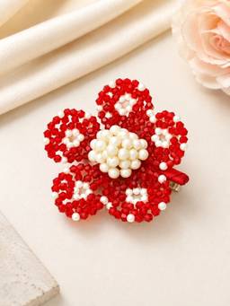 Choko - Elegant Red & Ivory Crystal Beaded Flower Hairclip - Festive Hair Accessory