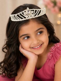 Choko - Elegant Ivory And Crystal Beaded Crown Hairband For Girls - Festive Hair