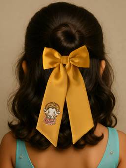 Choko - Cute Ganesha Printed Satin Bowie Hair Clip - Mustard Yellow For Festive Style