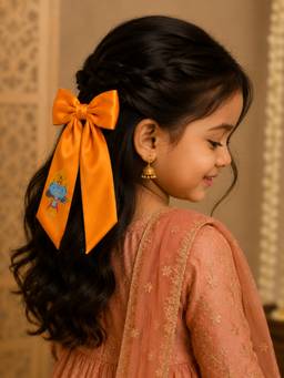 Choko - Traditional Orange Krishna Printed Bow Hairclip - Traditional Hair Accessory