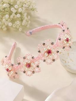 Choko - Elegant Pink And Ivory Beaded Floral Hairband For Women - Festive Hair
