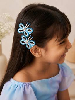 Choko - Aqua Butterfly Beaded Kids Hairclips For Girls - Festive Party Hair Accessory (Pack of 2)