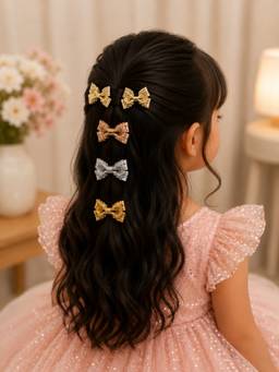 Choko - Elegant Gold And Silver 5 Pcs Sequin Bow Hairclip Set - Festive Hair (Pack of 5)