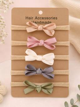Polka Tots - Baby Girl Solid Print Bow Hairband Set - Multicolor (Pack of 5)