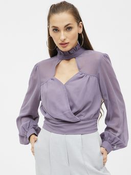 Kibo - Women Georgette High Neck Frill Crop Top