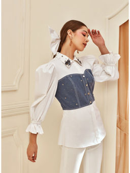 Label Deepika Nagpal - Denim Corset White Shirt