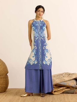Aarke Ritu Kumar - Indigo Floral Halter Neck Kurta and Palazzo
