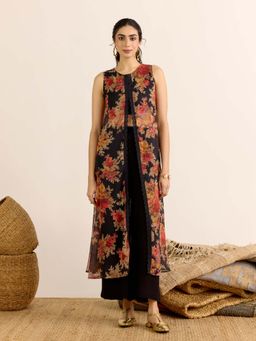 Aarke Ritu Kumar - Black Floral Round Neck Kaftan and Palazzo