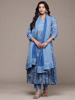 Aarke Ritu Kumar - Blue Printed Round Neck Kurta Pant with Dupatta
