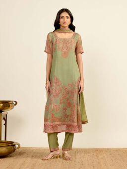 Aarke Ritu Kumar - Green Printed Square Neck Kurta Pant With Dupatta
