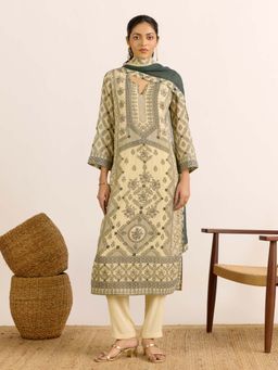 Aarke Ritu Kumar - Beige Printed Round Neck Kurta Pant With Dupatta