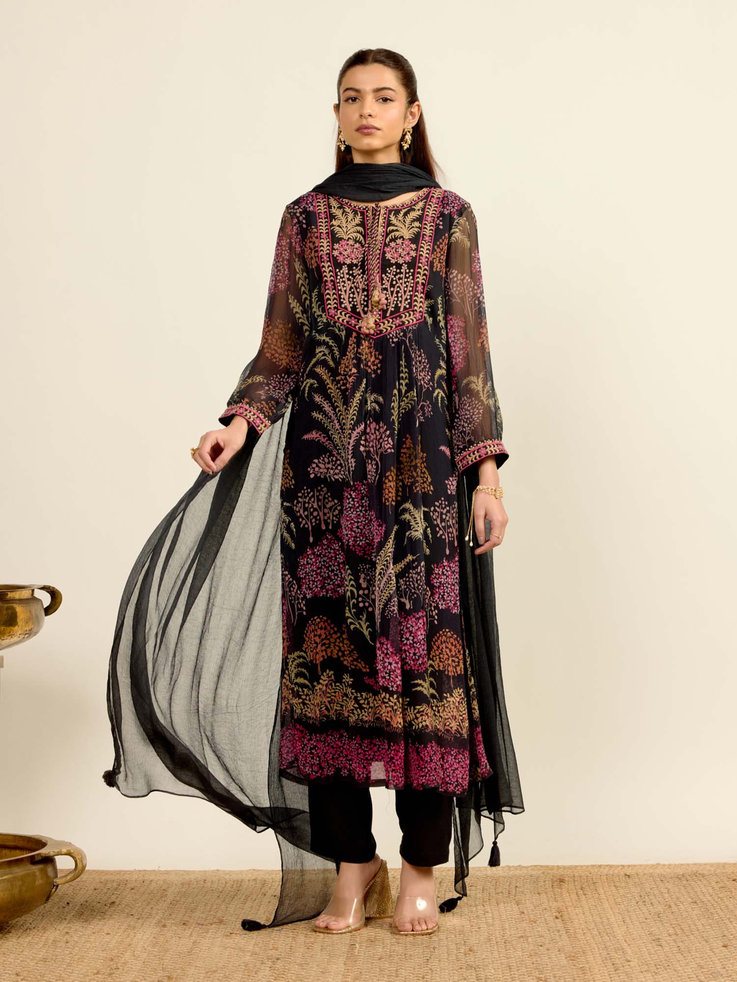 Black Printed Tie Up Neck Kurta Pant With Dupatta-picture-33