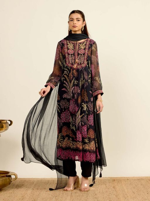 Aarke Ritu Kumar Black Printed Tie Up Neck Kurta Pant With Dupatta