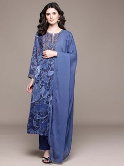 Aarke Ritu Kumar - Blue Floral Round Neck Kurta Pant With Dupatta