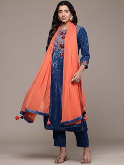 Aarke Ritu Kumar - Blue Embroidered Round Neck Kurta Pant With Dupatta