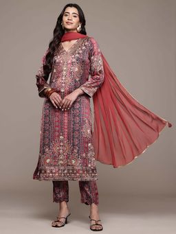 Aarke Ritu Kumar - Burgundy Printed V-Neck Kurta Pant With Dupatta