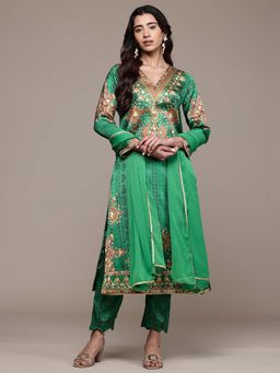 Aarke Ritu Kumar - Green Printed V-Neck Kurta Pant With Dupatta