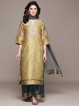 Aarke Ritu Kumar - Gold Paisley Round Neck Kurta Palazzo With Dupatta