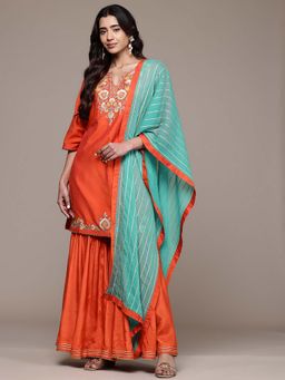 Aarke Ritu Kumar - Orange Embroidered Round Neck Kurti Sharara And Dupatta