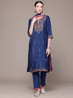 Aarke Ritu Kumar - Blue Embroidered Round Neck Kurta Pant With Dupatta