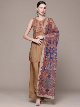 Aarke Ritu Kumar - Brown Embroidered Round Neck Kurta Pant With Dupatta