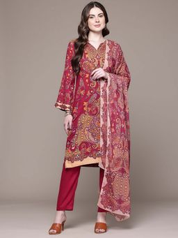 Aarke Ritu Kumar - Maroon Paisley Round Neck Kurta Pant With Dupatta