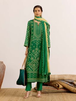 Aarke Ritu Kumar - Green Printed Round Neck Kurta Pant With Dupatta