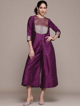 Aarke Ritu Kumar - Wine Textured Round Neck Jumpsuit