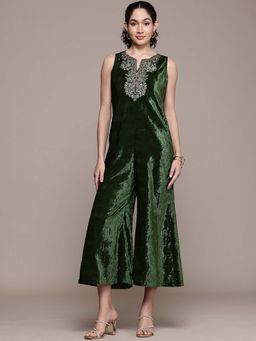 Aarke Ritu Kumar - Green Embroidered Round Neck Jumpsuit