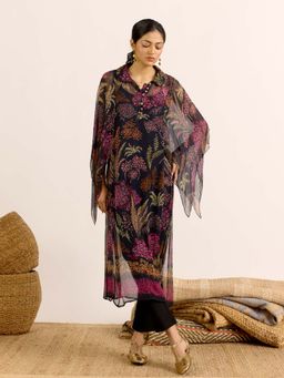 Aarke Ritu Kumar - Black Floral Collar Neck Kaftan With Camisole
