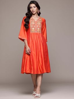 Aarke Ritu Kumar - Orange Embroidered V-Neck Kurta