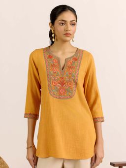 Aarke Ritu Kumar - Rust Embroidered Round Neck Kurti