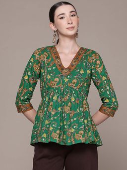 Aarke Ritu Kumar - Green Paisley V-Neck Short Kurti