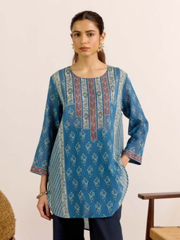 Aarke Ritu Kumar - Blue Floral Round Neck Kurti