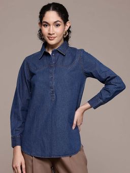 Aarke Ritu Kumar - Indigo Solid/Plain Collar Neck Shirt