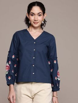 Aarke Ritu Kumar - Blue Embroidered V-Neck Shirt