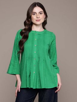 Aarke Ritu Kumar - Green Solid/Plain Crew Neck Top