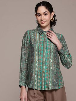 Aarke Ritu Kumar - Green Printed Collar Neck Shirt