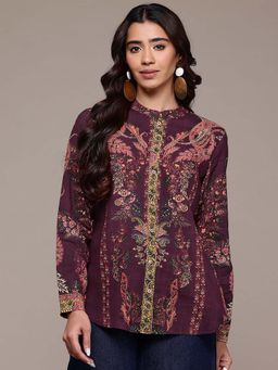 Aarke Ritu Kumar - Wine Printed Mandarin Neck Shirt