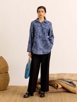 Aarke Ritu Kumar - Blue Printed Collar Neck Shirt
