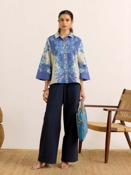 Aarke Ritu Kumar - Blue Floral Collar Neck Shirt