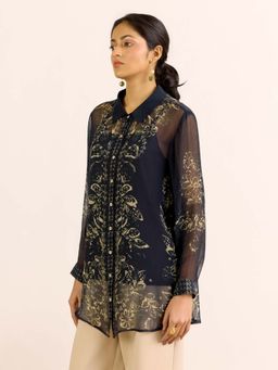 Aarke Ritu Kumar - Black Floral Collar Neck Shirt With Camisole