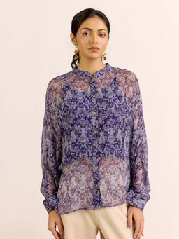 Aarke Ritu Kumar - Blue Paisley Mandarin Neck Shirt With Camisole