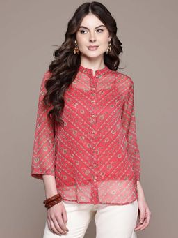 Aarke Ritu Kumar - Pink Floral Mandarin Neck Shirt