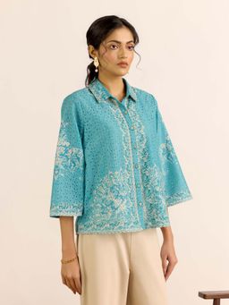 Aarke Ritu Kumar - Turquoise Printed Collar Neck Shirt